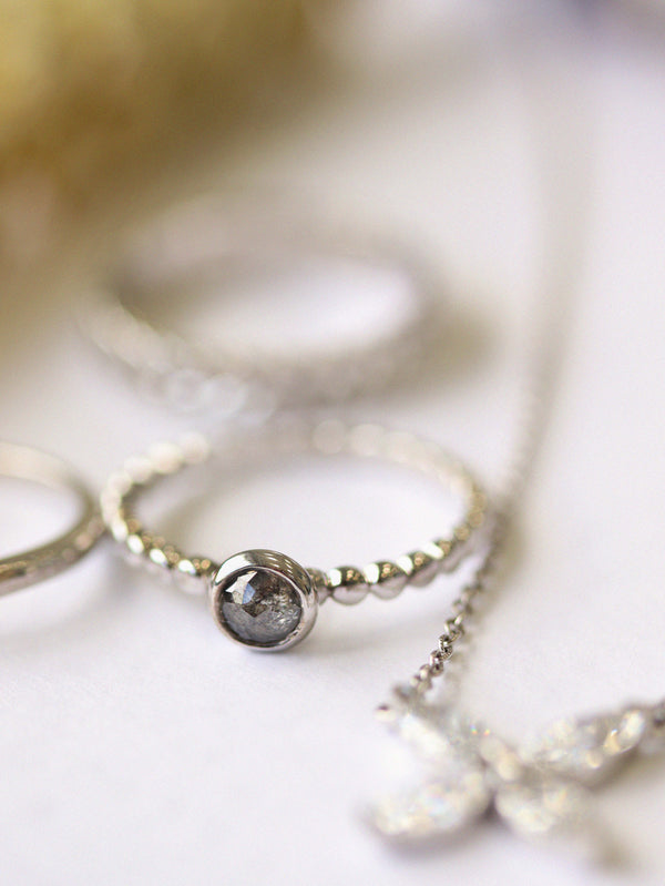 Ethically-sourced Platinum FAITH Salt and Pepper Diamond Stacking Ring