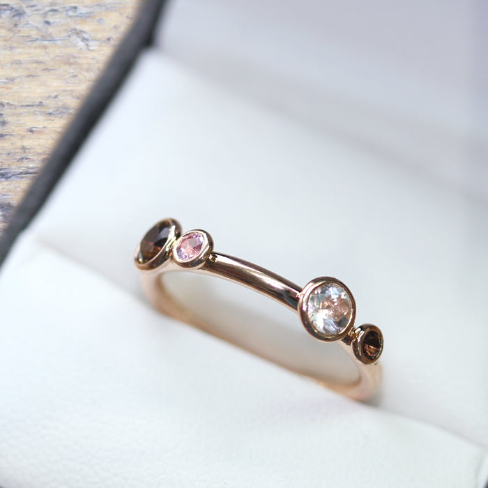 Fairtrade Rose Gold Smoky Quartz, Pink Tourmaline and White Topaz Four Stone Stacking Ring